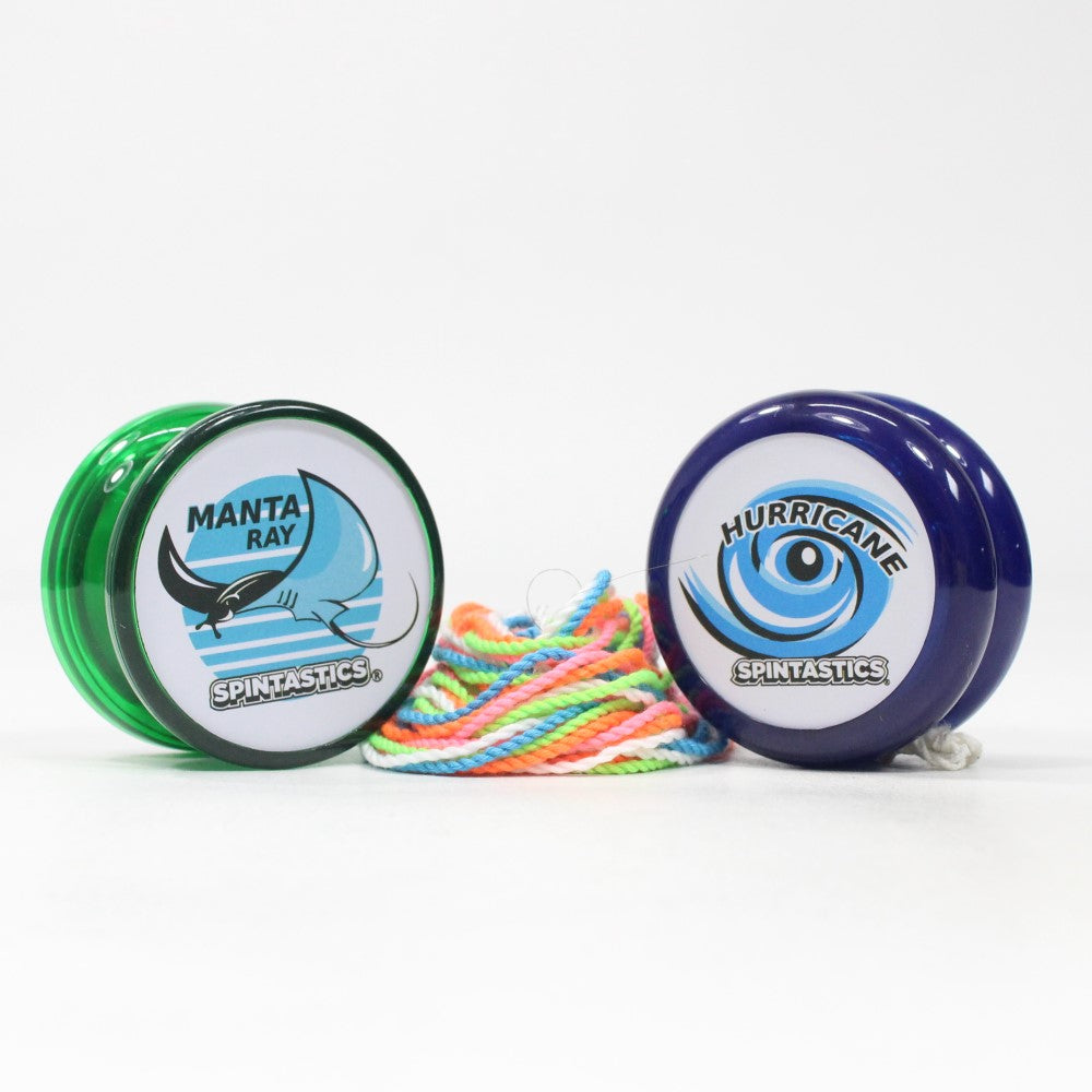 Spintastics Beginner Yo-Yo Set - Includes (1) Manta Ray Yoyo (1) Hurricane Yoyo and a 5 Pack of Strings! Colors Vary!