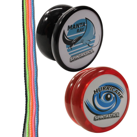Spintastics Beginner Yo-Yo Set - Includes (1) Manta Ray Yoyo (1) Hurricane Yoyo and a 5 Pack of Strings! Colors Vary!